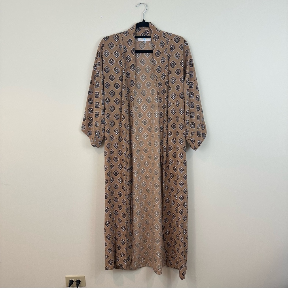 Mele Beach | Tan Patterned Longline Kimono Viscose Beach Wear One Size